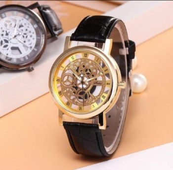 Stylish Leather Watch With Gold-tone Stainless Dial & Black Strap Without Box